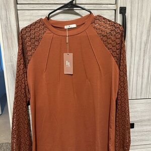 HT Women's Rust Blouse with Lace Sleeves